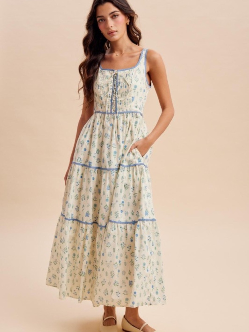 Cotton Floral Lace Up Maxi Dress